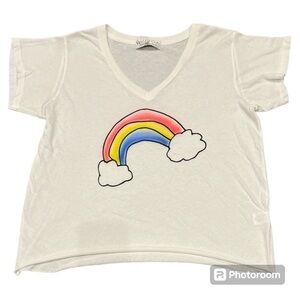 Rainbow 🌈 graphic v neck tee soft lightweight rolled edge boxy shirt NEW S M